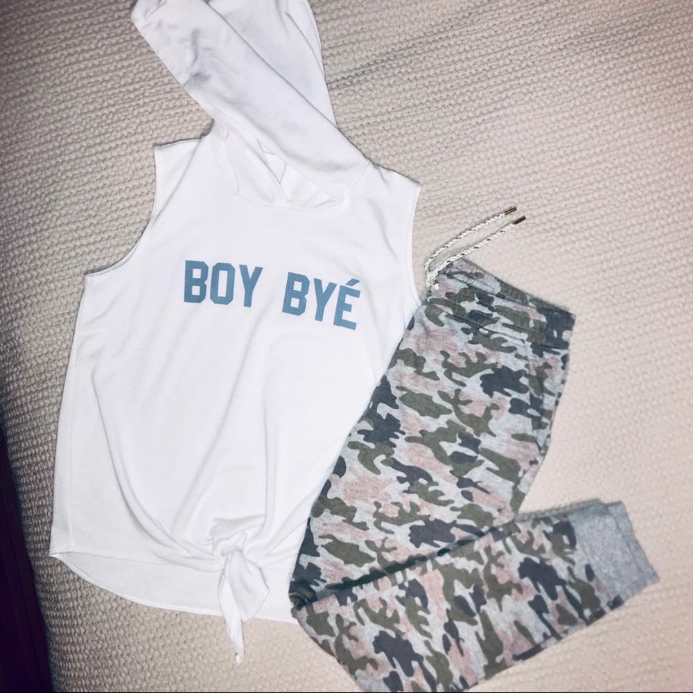 SOLD* Muscle Top with hood and Tie waist “BOY BYE”